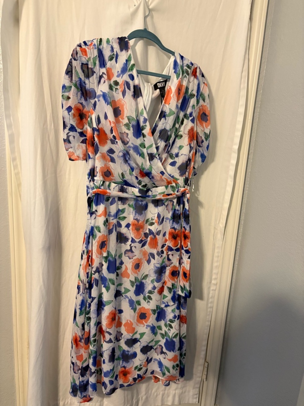 DKNY White Floral Midi Wrap Dress with Blue & Orange Blooms